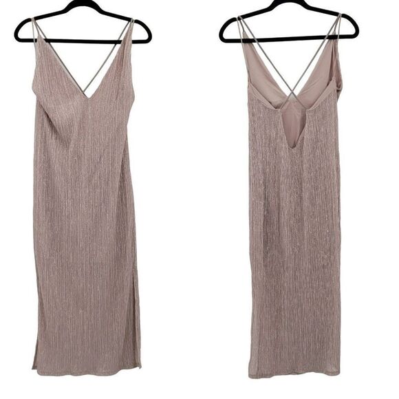 Express Dress Formal Slip Shimmer Strappy Plunging V Double Slit Midi Pink M - Picture 1 of 13
